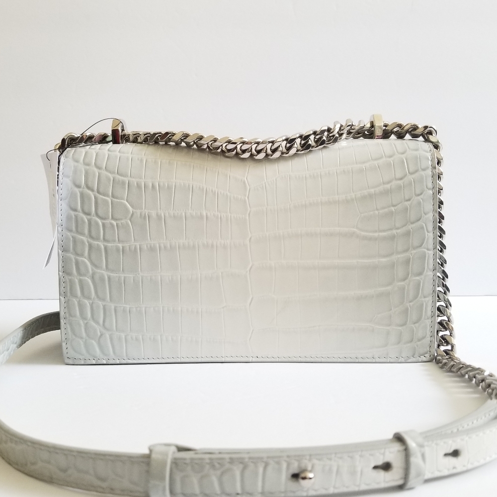 Alexander McQueen Medium Four Ring Croc-Embossed Leather Crossbody Light Gray - Picture 4 of 11